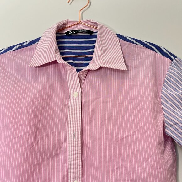 Zara Contrasting Striped Poplin Crop Shirt Like New - Picture 4 of 7